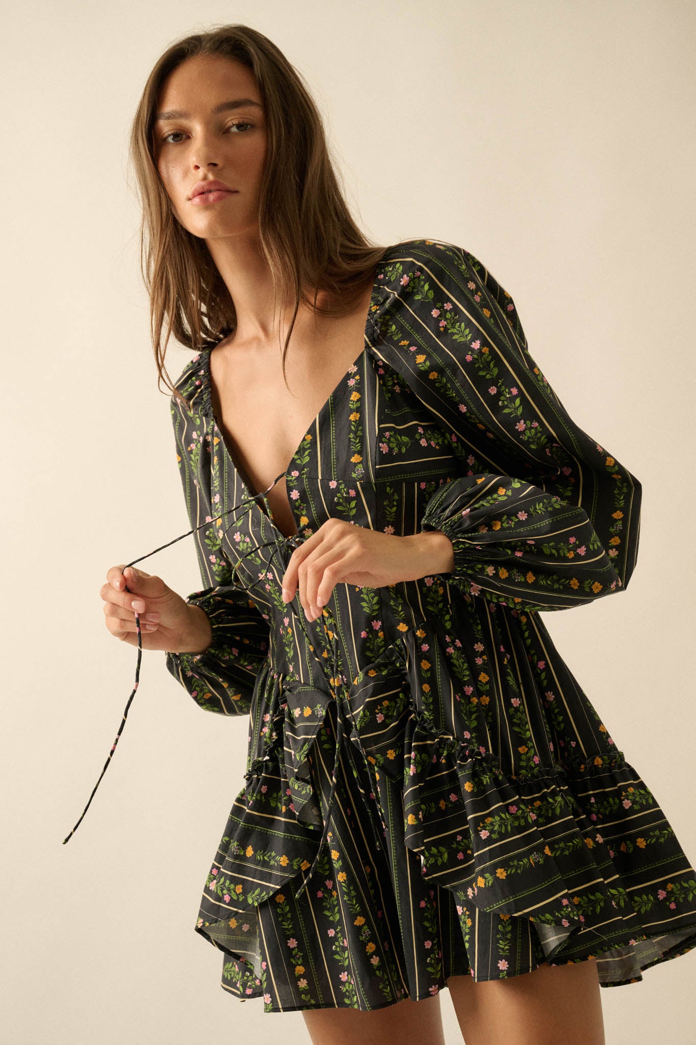 Floral Fields Floral-Stripe Ruffled Tie-Front Romper - ShopPromesa