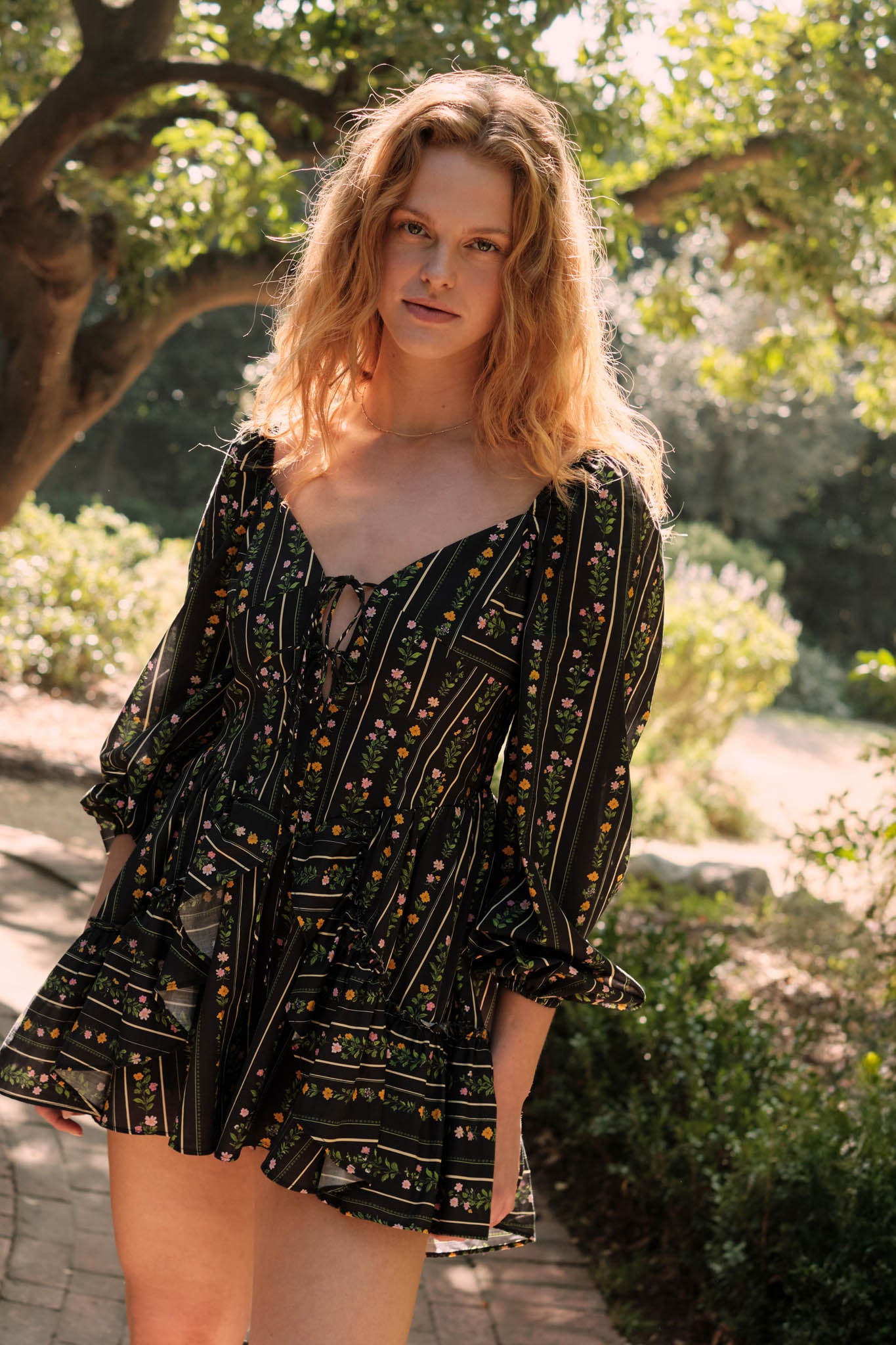 Floral Fields Floral-Stripe Ruffled Tie-Front Romper - ShopPromesa