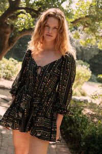 Floral Fields Floral-Stripe Ruffled Tie-Front Romper - ShopPromesa