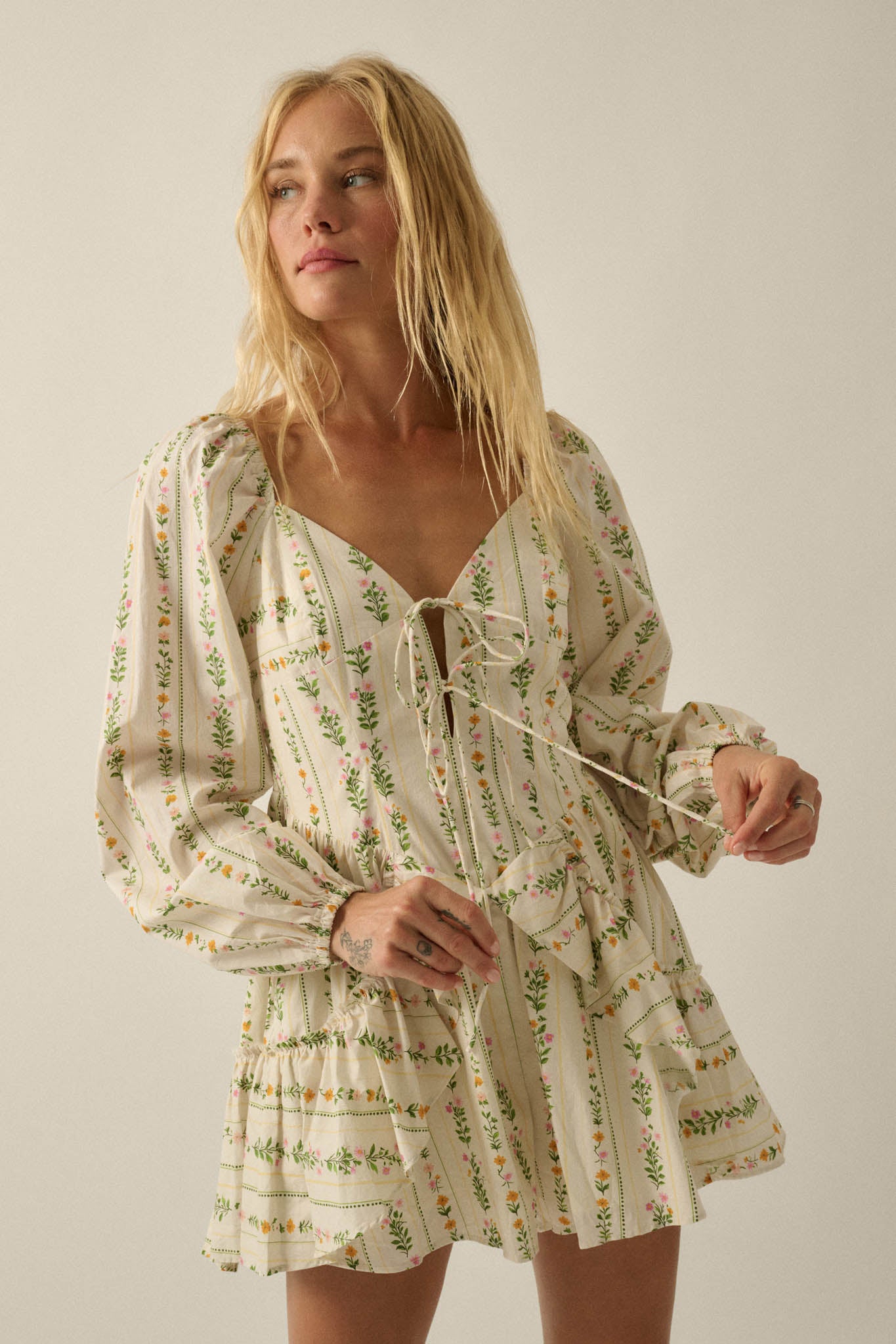 Floral Fields Floral-Stripe Ruffled Tie-Front Romper - ShopPromesa