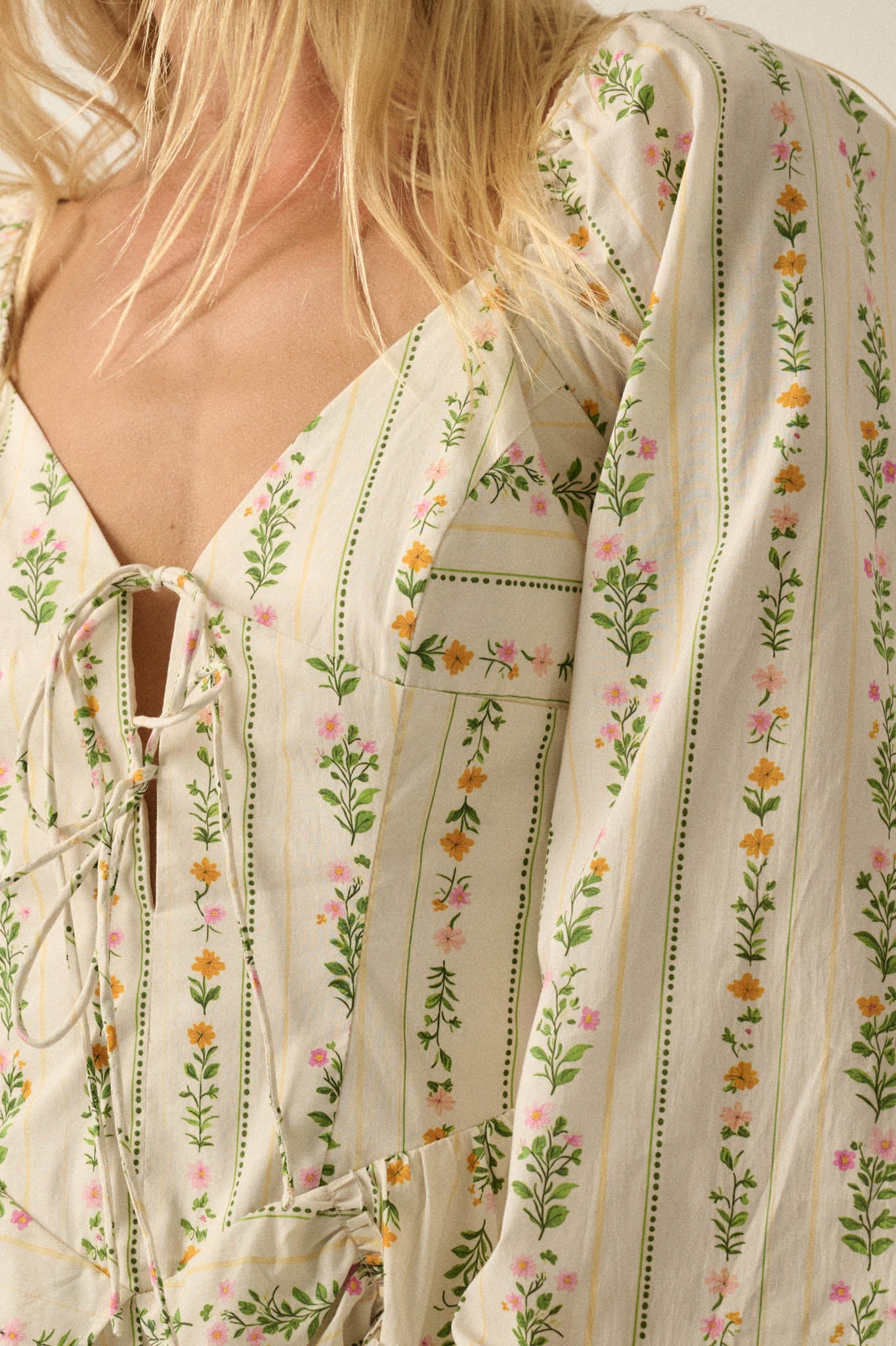 Floral Fields Floral-Stripe Ruffled Tie-Front Romper - ShopPromesa