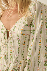 Floral Fields Floral-Stripe Ruffled Tie-Front Romper - ShopPromesa