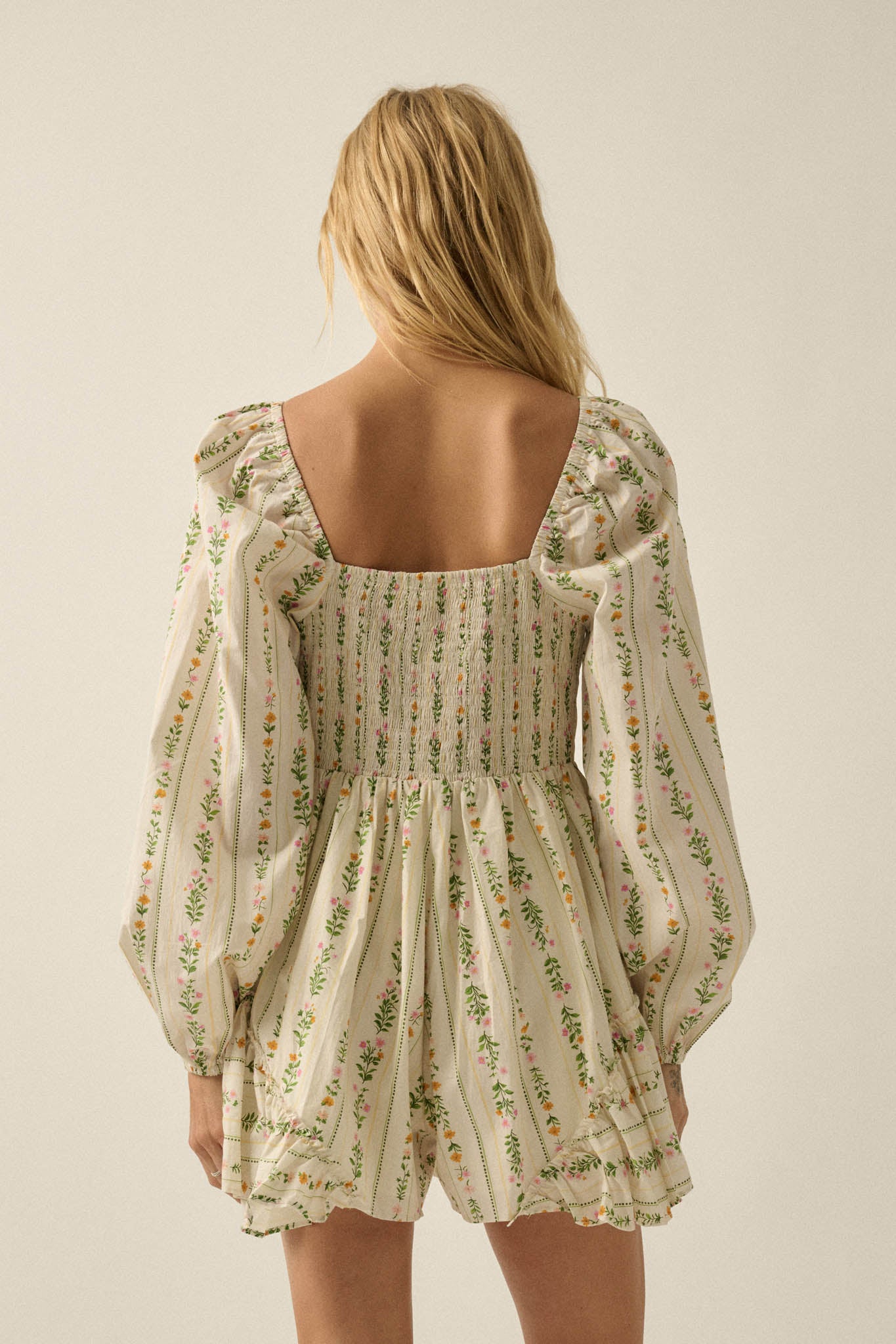 Floral Fields Floral-Stripe Ruffled Tie-Front Romper - ShopPromesa