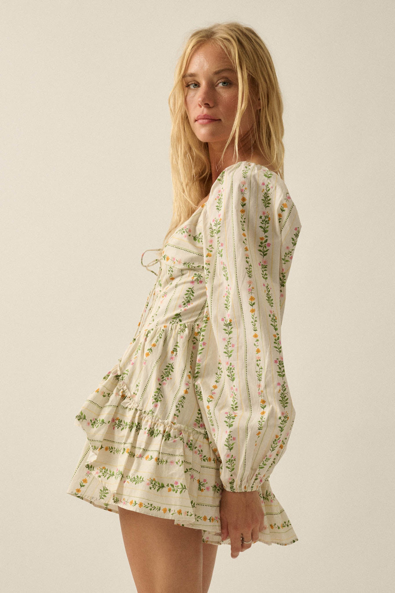 Floral Fields Floral-Stripe Ruffled Tie-Front Romper - ShopPromesa