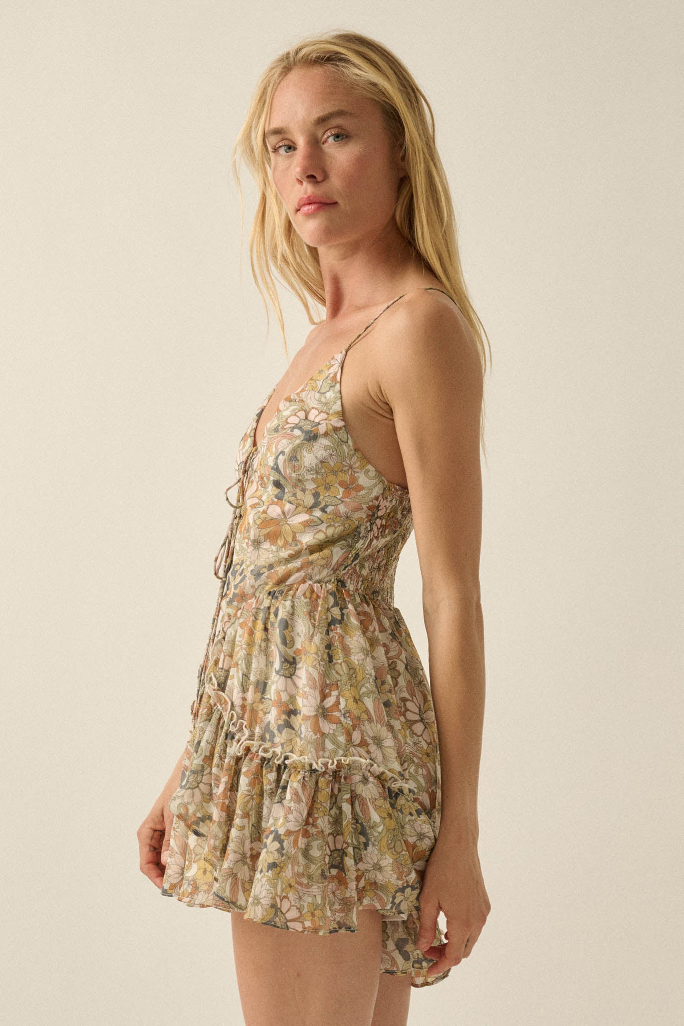 Bygone Blooms Floral Chiffon Tie-Front Ruffle Romper - ShopPromesa