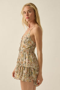 Bygone Blooms Floral Chiffon Tie-Front Ruffle Romper - ShopPromesa