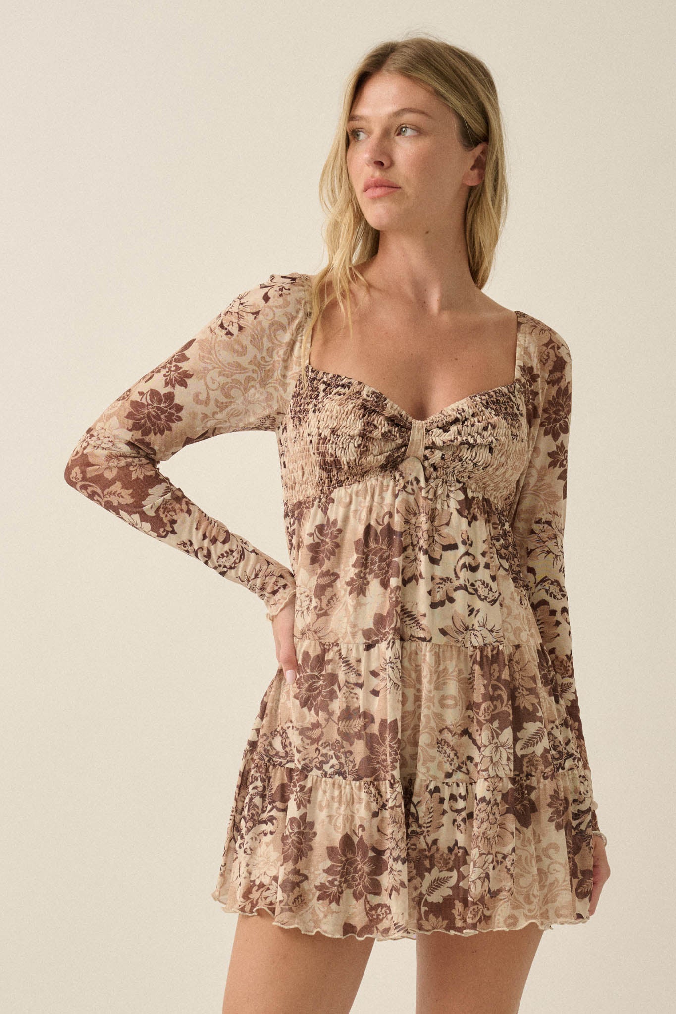 Cappuccino Petals Floral Mesh Smocked Babydoll Romper - ShopPromesa