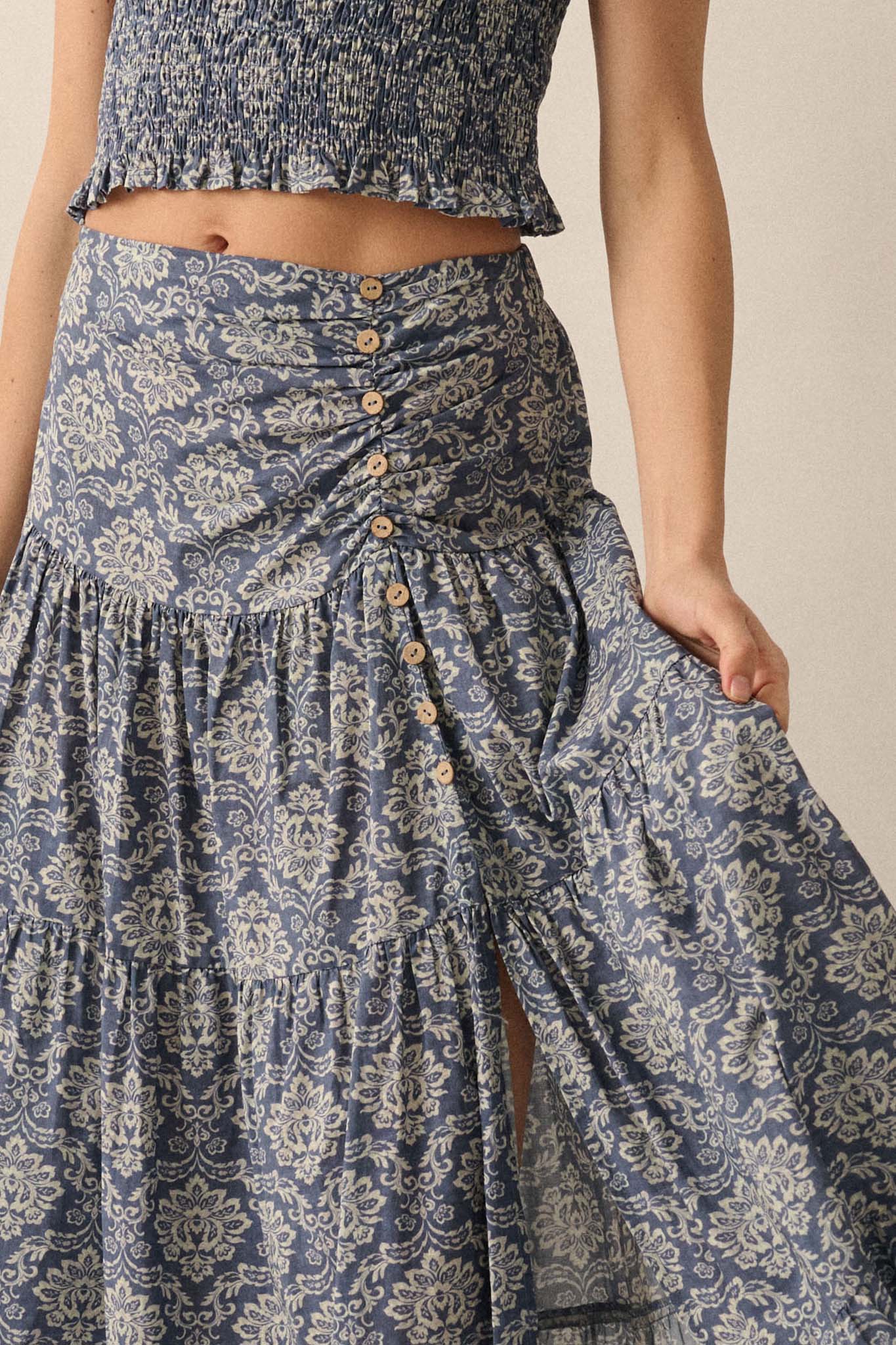 Lavish Blossoms Floral Tiered Ruffle Maxi Skirt - ShopPromesa