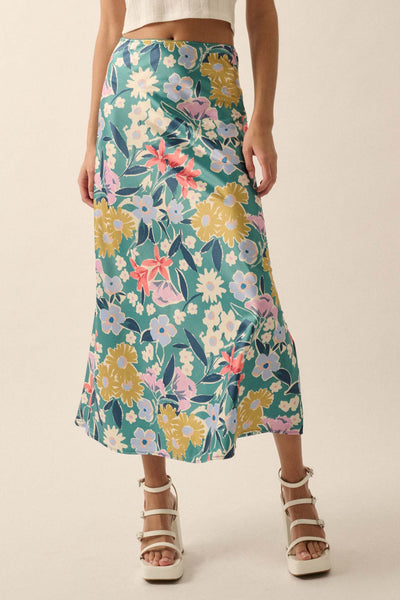 Teal Temptation Floral Satin A-Line Midi Skirt - ShopPromesa