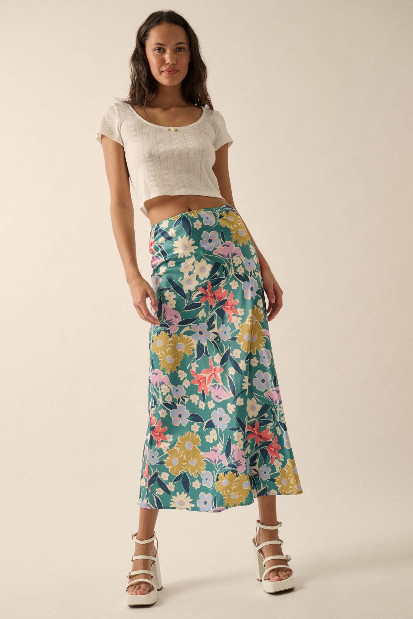 Teal Temptation Floral Satin A-Line Midi Skirt - ShopPromesa