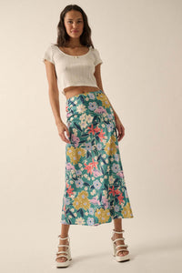 Teal Temptation Floral Satin A-Line Midi Skirt - ShopPromesa