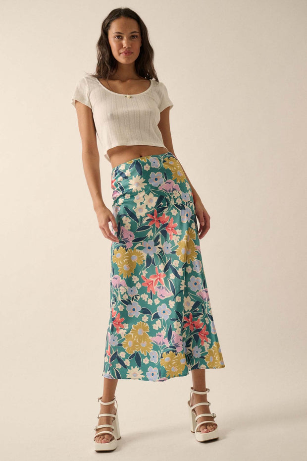 Teal Temptation Floral Satin A-Line Midi Skirt - ShopPromesa