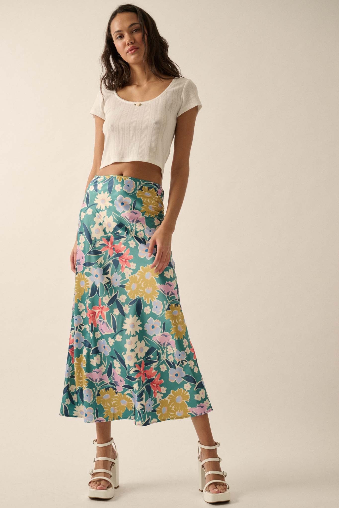 Teal Temptation Floral Satin A-Line Midi Skirt - ShopPromesa