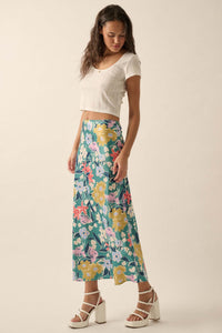 Teal Temptation Floral Satin A-Line Midi Skirt - ShopPromesa