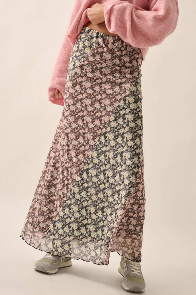 Blooming Up Paneled Floral Mesh Maxi Skirt