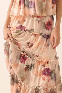 Bashful Blush Floral Mesh Tiered Ruffle Maxi Skirt - ShopPromesa