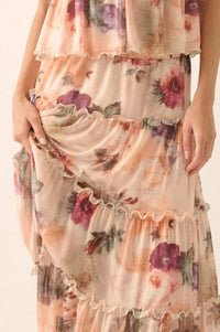 Bashful Blush Floral Mesh Tiered Ruffle Maxi Skirt - ShopPromesa