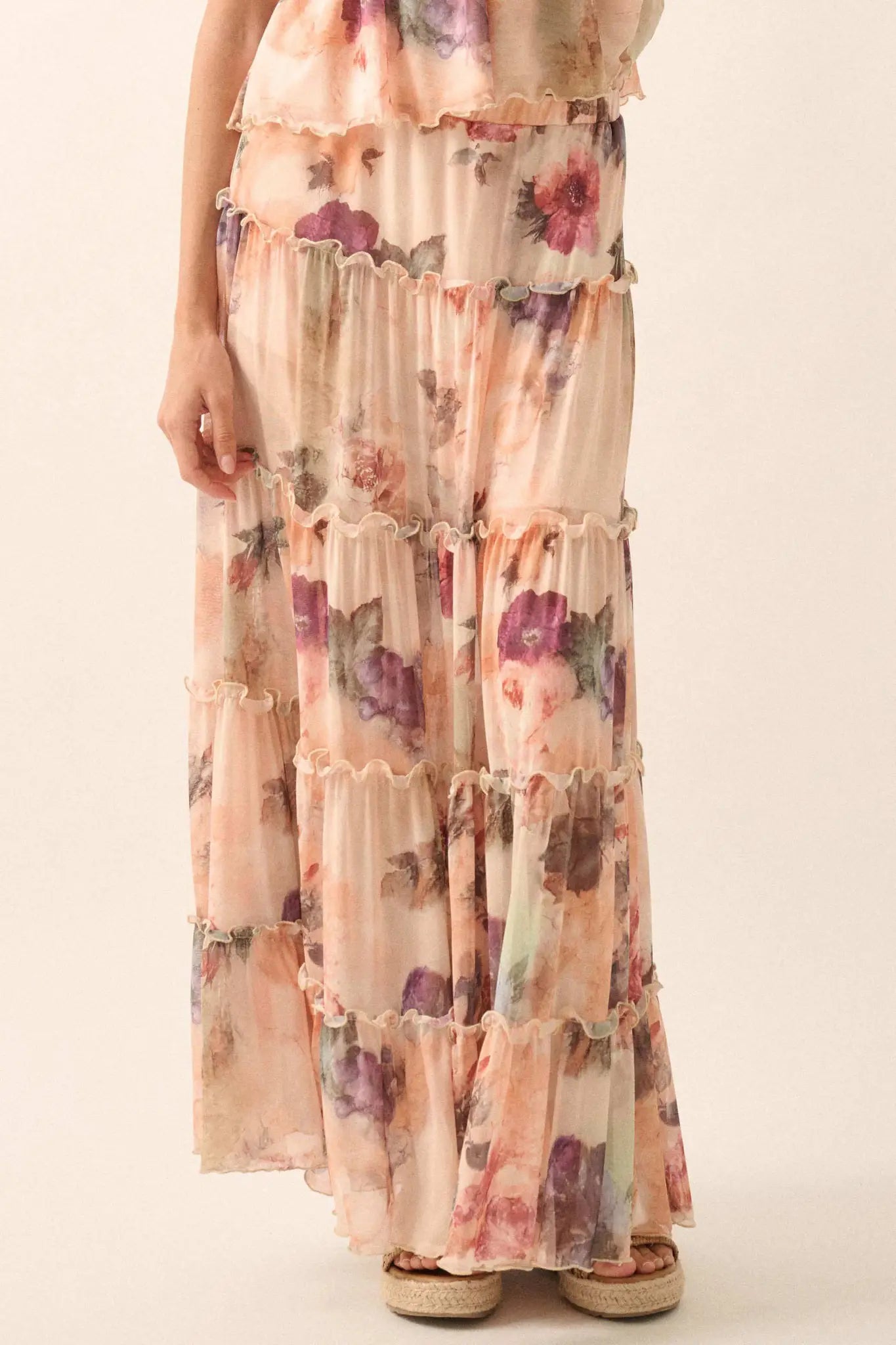 Bashful Blush Floral Mesh Tiered Ruffle Maxi Skirt - ShopPromesa