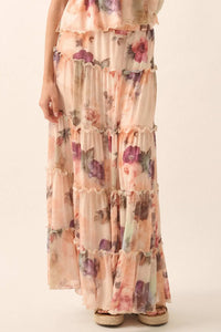 Bashful Blush Floral Mesh Tiered Ruffle Maxi Skirt - ShopPromesa