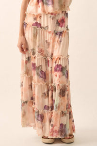 Bashful Blush Floral Mesh Tiered Ruffle Maxi Skirt - ShopPromesa