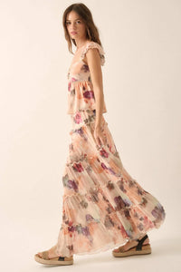 Bashful Blush Floral Mesh Tiered Ruffle Maxi Skirt - ShopPromesa