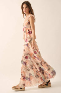 Bashful Blush Floral Mesh Tiered Ruffle Maxi Skirt - ShopPromesa