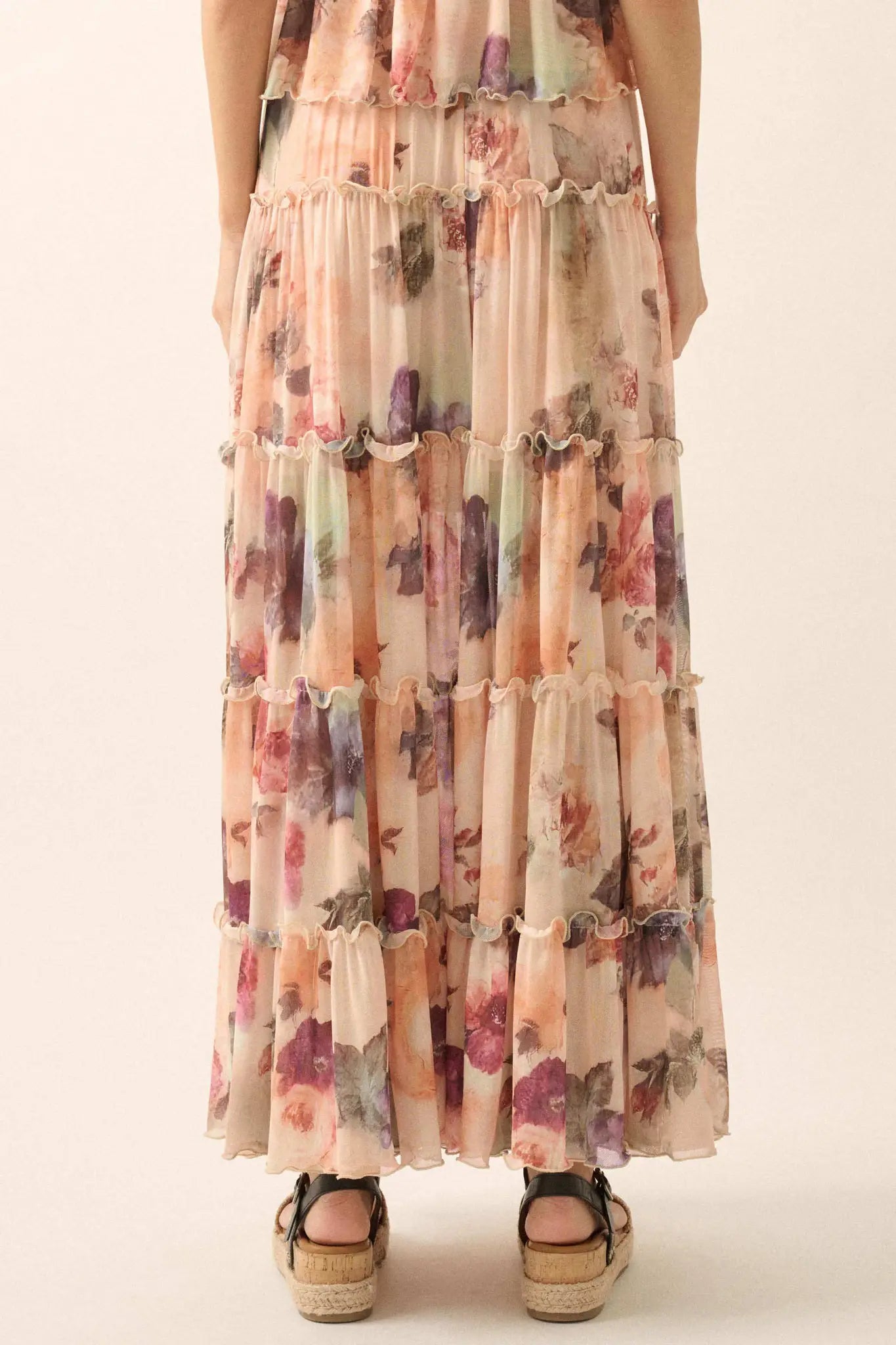 Bashful Blush Floral Mesh Tiered Ruffle Maxi Skirt - ShopPromesa