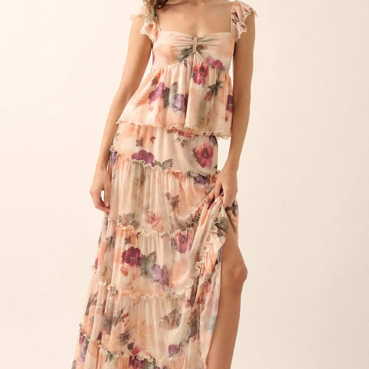 High Slit Tiered Chiffon Ruffle Skirt Dress Blushing Pink main image 1