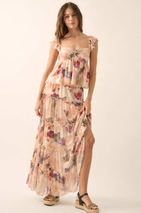 Bashful Blush Floral Mesh Tiered Ruffle Maxi Skirt - ShopPromesa