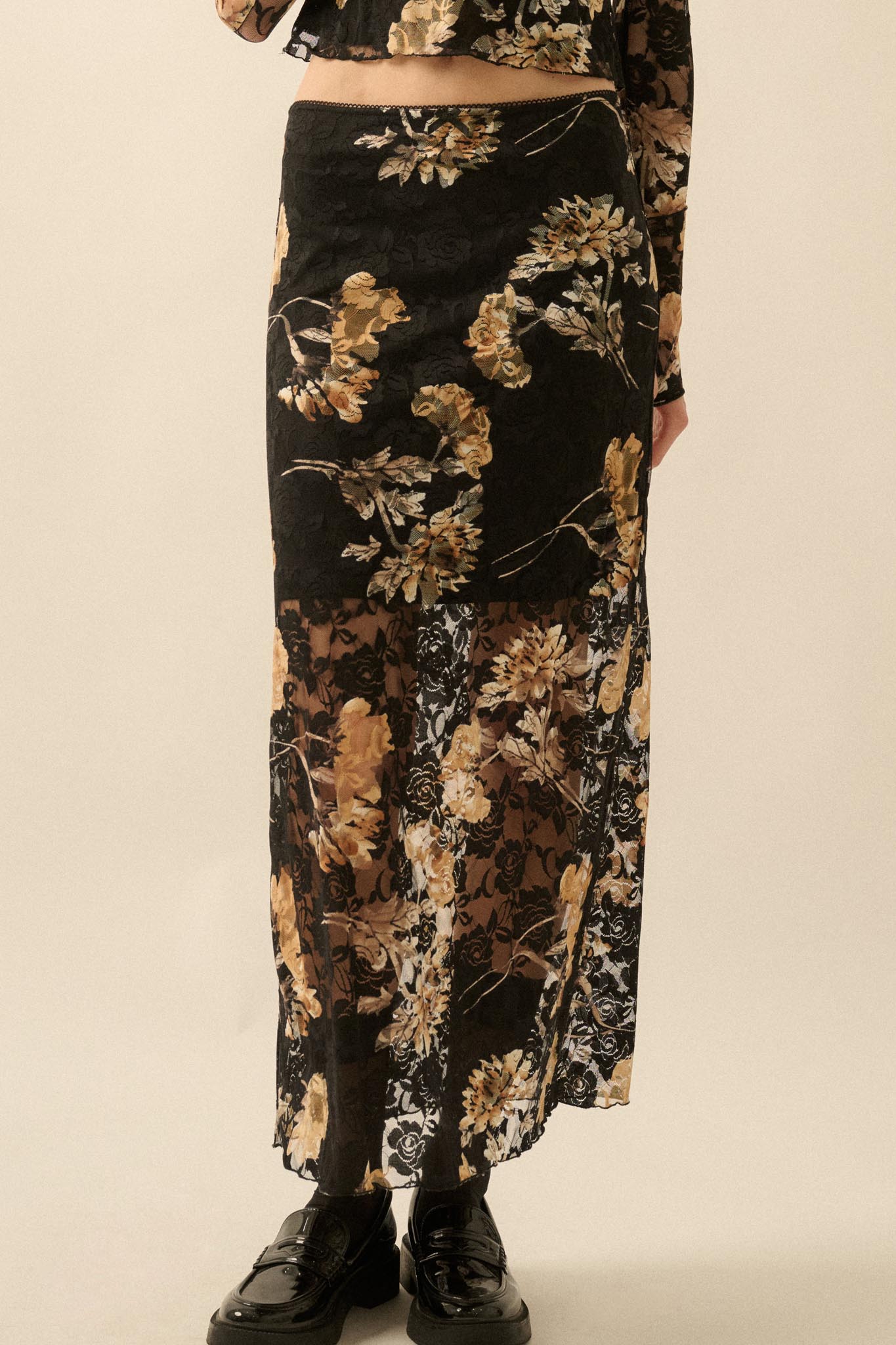 Wistful Blossoms Printed Floral Lace Maxi Skirt - ShopPromesa