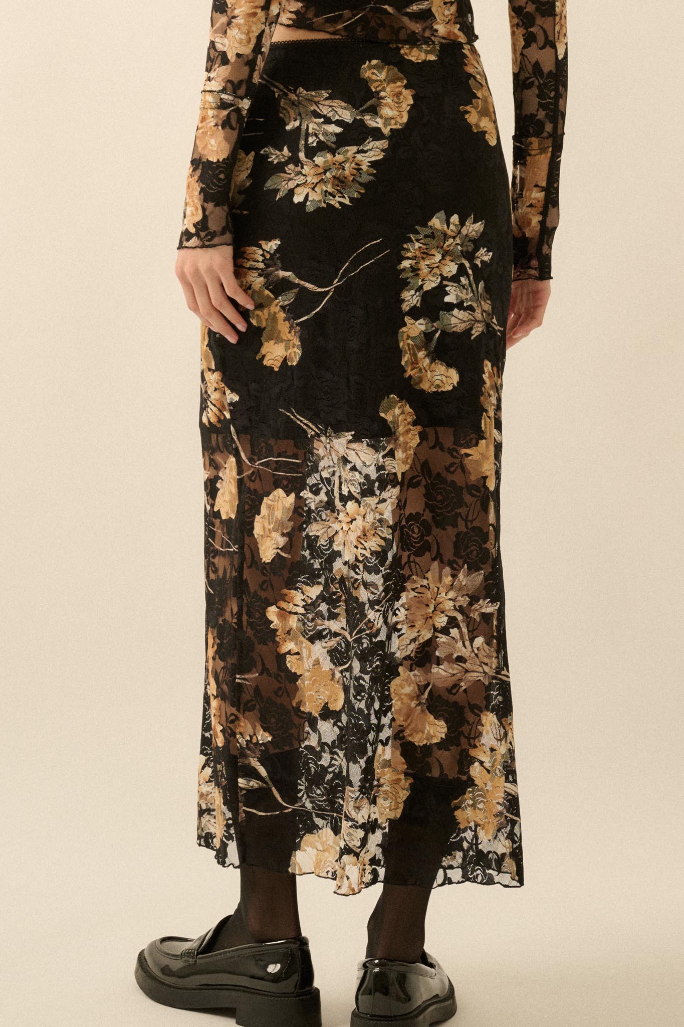 Wistful Blossoms Printed Floral Lace Maxi Skirt - ShopPromesa