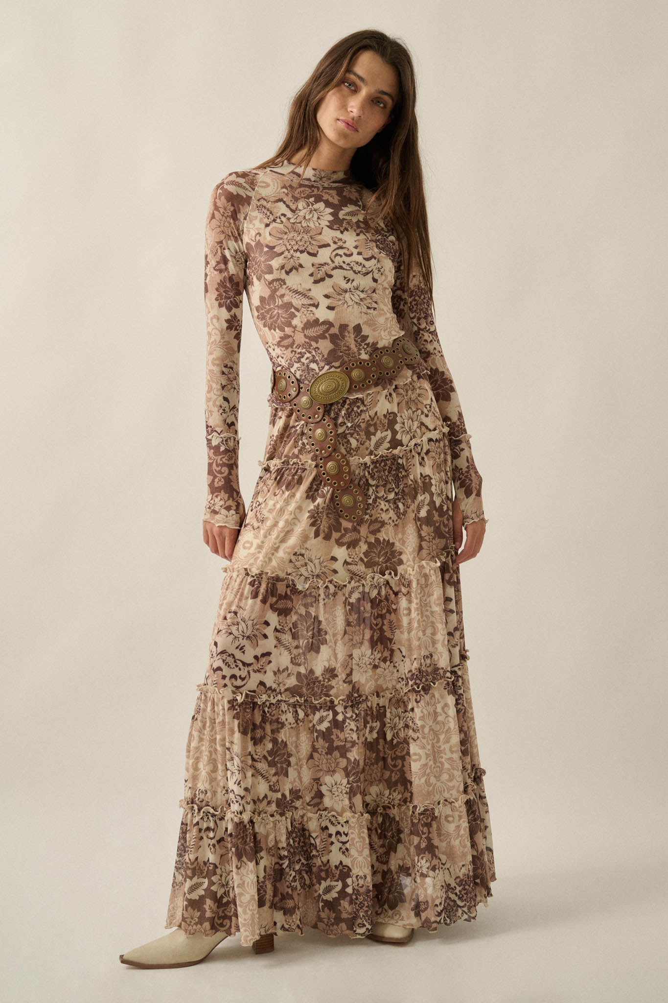 Blooming Latte Floral Mesh Tiered Ruffle Maxi Skirt - ShopPromesa