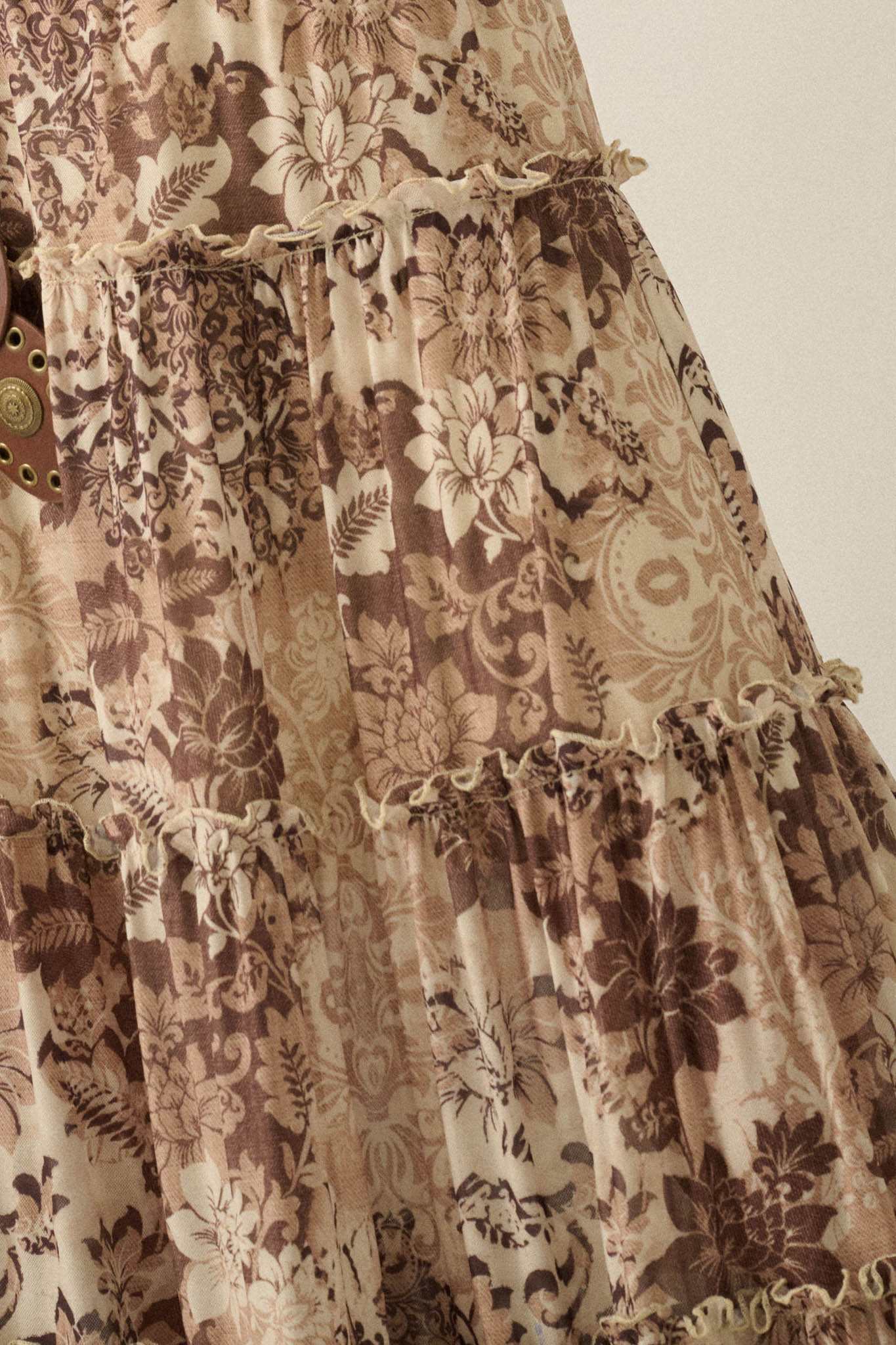 Blooming Latte Floral Mesh Tiered Ruffle Maxi Skirt - ShopPromesa