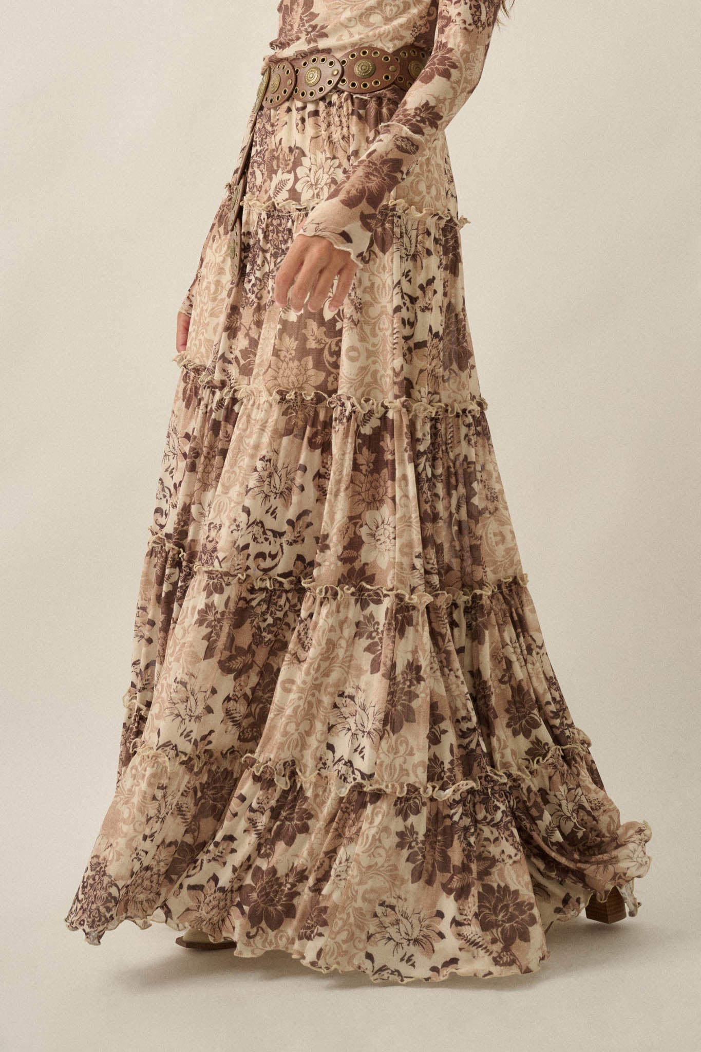 Blooming Latte Floral Mesh Tiered Ruffle Maxi Skirt - ShopPromesa