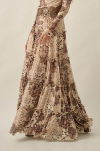 Blooming Latte Floral Mesh Tiered Ruffle Maxi Skirt - ShopPromesa