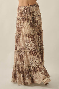 Blooming Latte Floral Mesh Tiered Ruffle Maxi Skirt - ShopPromesa