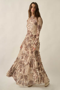 Blooming Latte Floral Mesh Tiered Ruffle Maxi Skirt - ShopPromesa