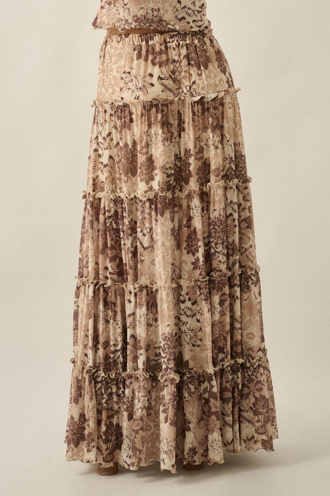 Blooming Latte Floral Mesh Tiered Ruffle Maxi Skirt - ShopPromesa