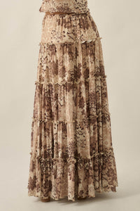 Blooming Latte Floral Mesh Tiered Ruffle Maxi Skirt - ShopPromesa