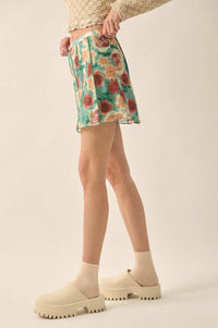 Rose Parade Floral Mesh Exposed-Seam Mini Skirt - ShopPromesa