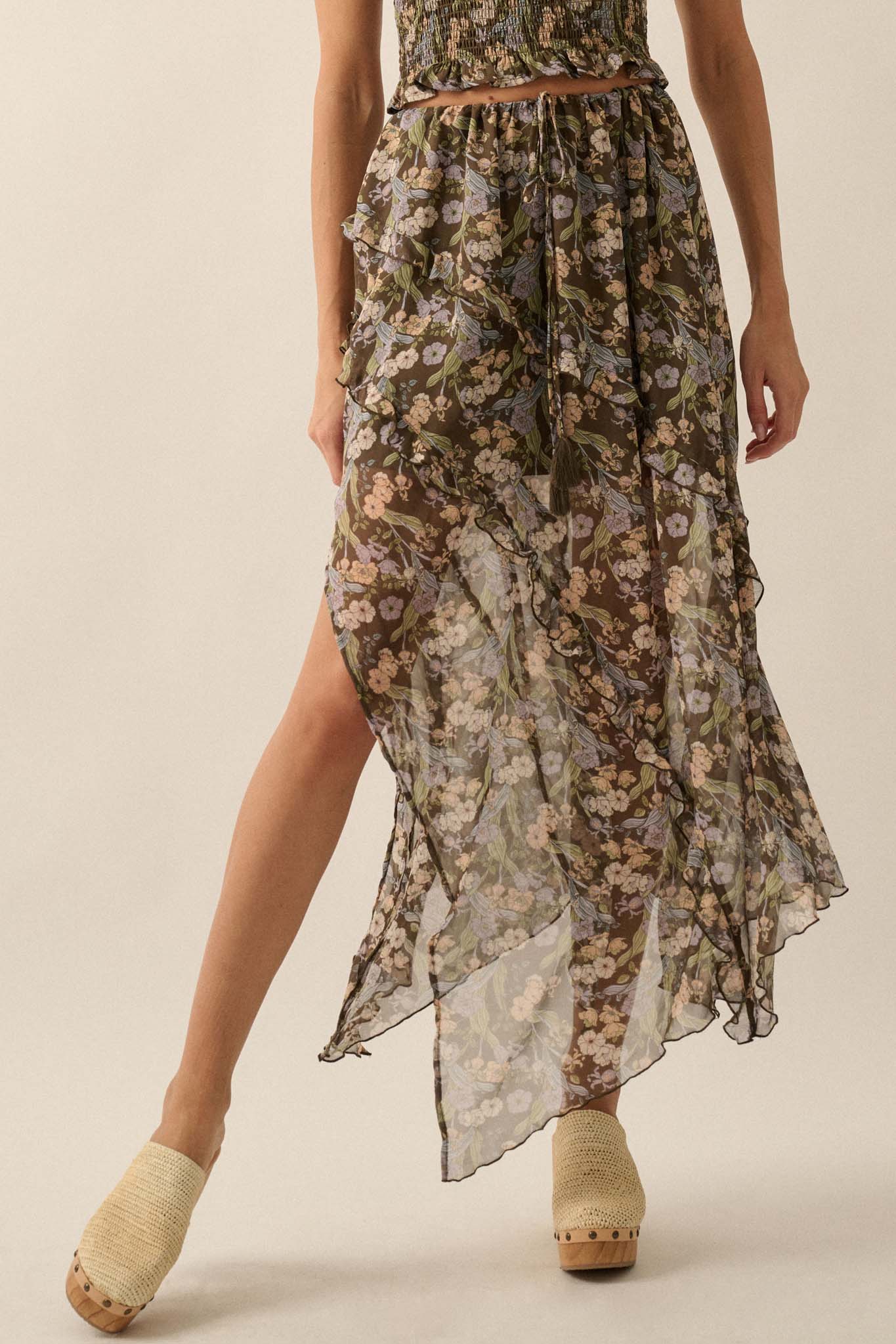 Enduring Beauty Asymmetrical Floral Ruffle Skirt - ShopPromesa