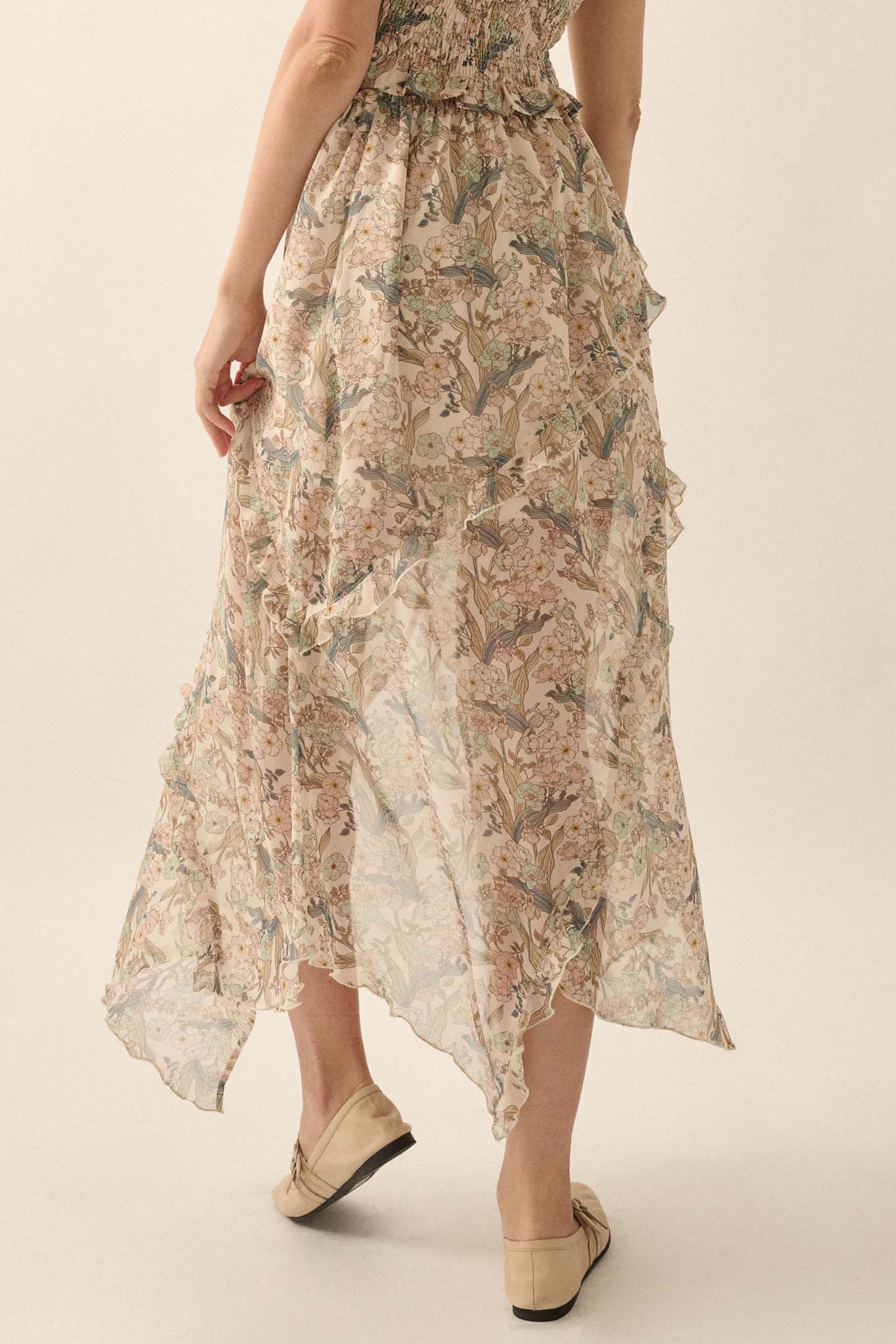 Enduring Beauty Asymmetrical Floral Ruffle Skirt - ShopPromesa