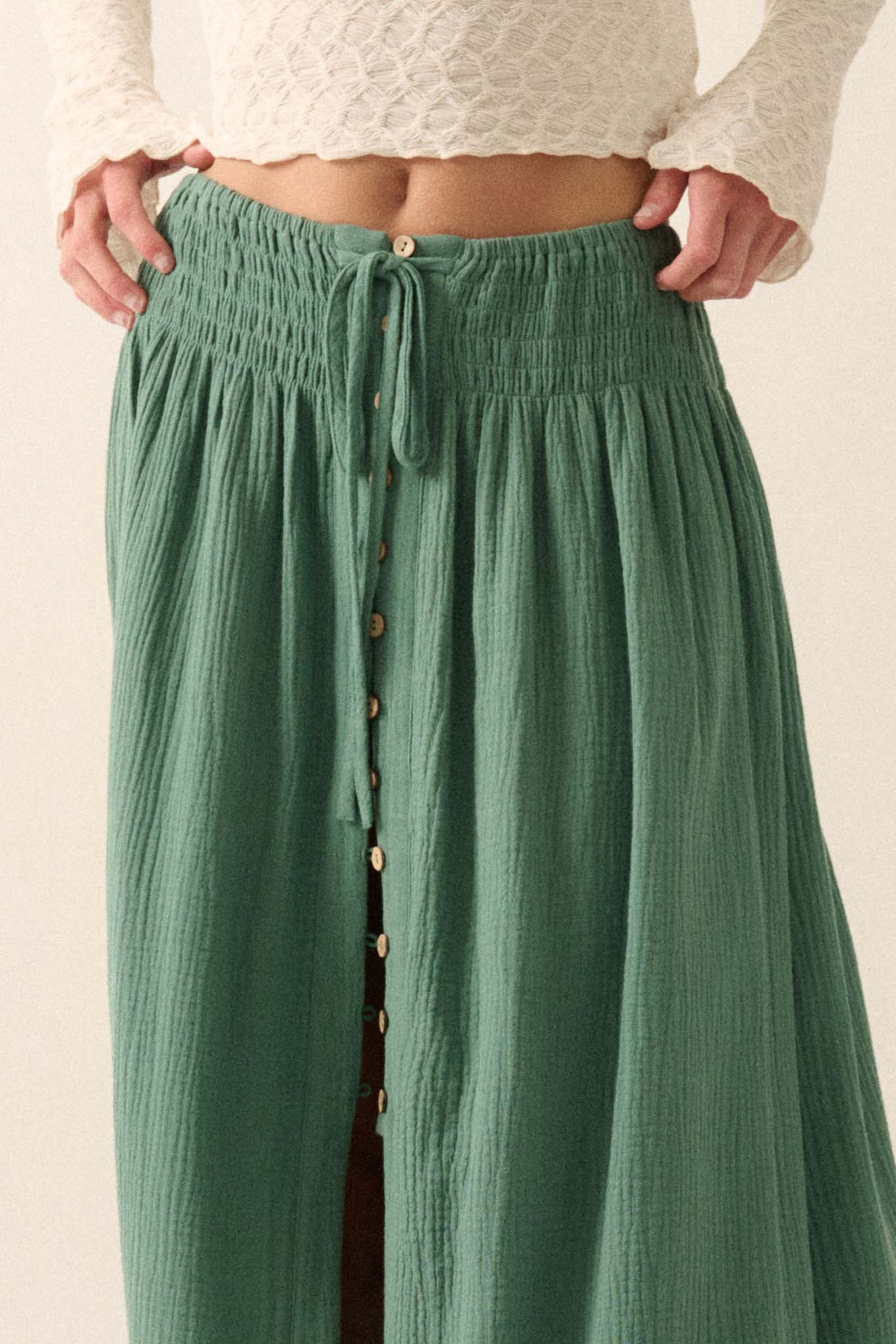 in The Wind Crinkle Cotton Button Front Maxi Skirt Pine Green S