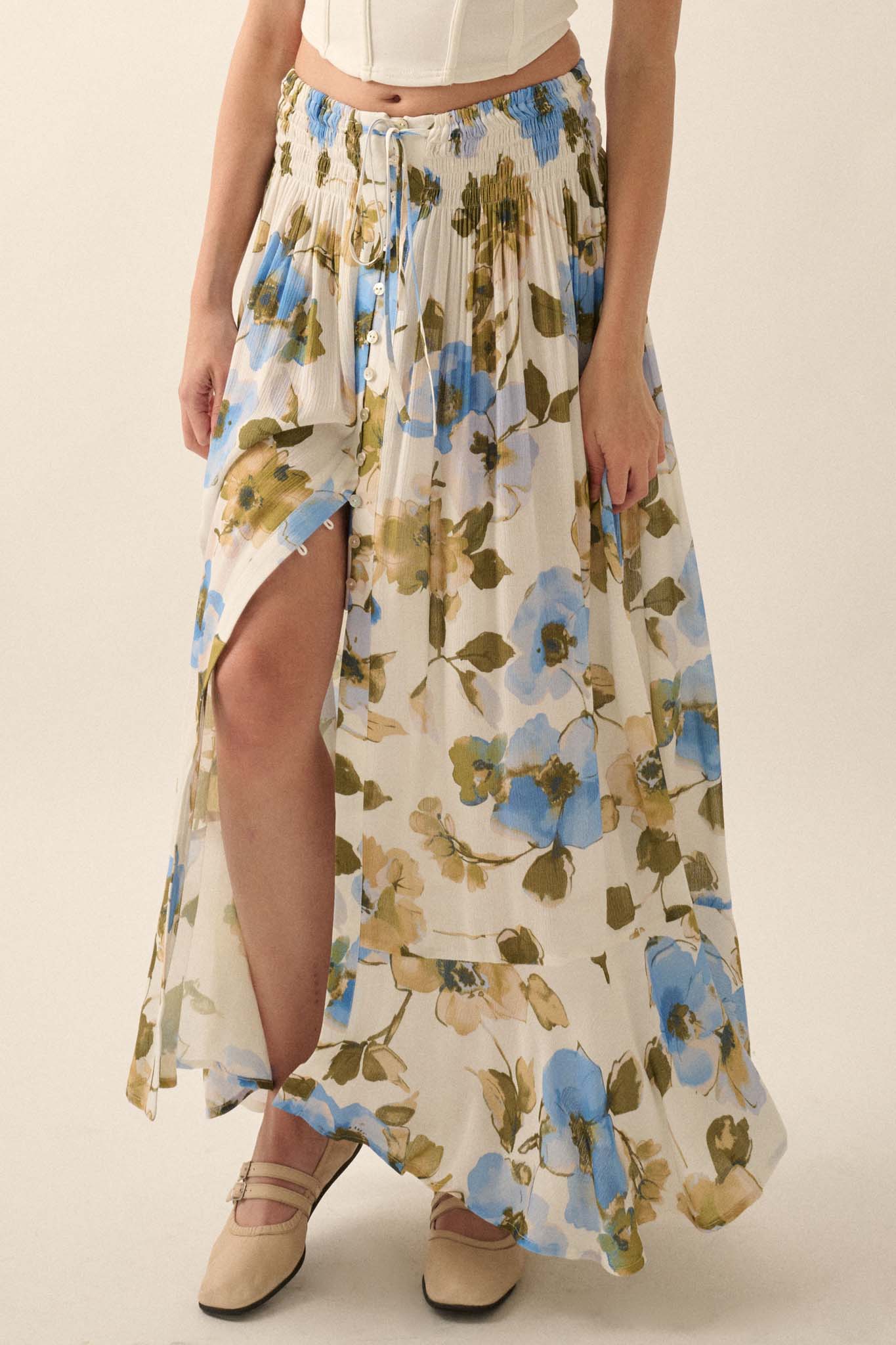 New Growth Floral Crepe Button-Front Maxi Skirt - ShopPromesa