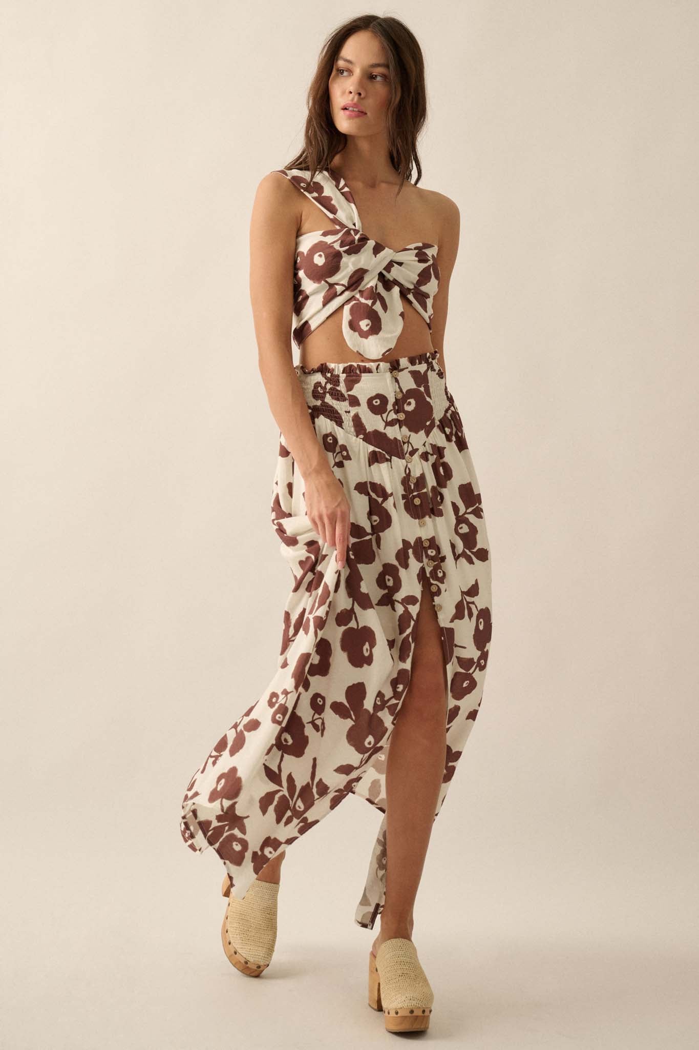 Pretty Poppies Floral Button-Front Maxi Skirt - ShopPromesa