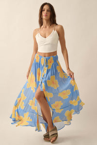 Hibiscus Grove Floral Crepe Buttoned Maxi Skirt - ShopPromesa