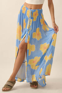 Hibiscus Grove Floral Crepe Buttoned Maxi Skirt - ShopPromesa