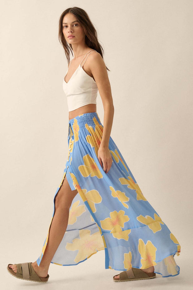 Hibiscus Grove Floral Crepe Buttoned Maxi Skirt - ShopPromesa