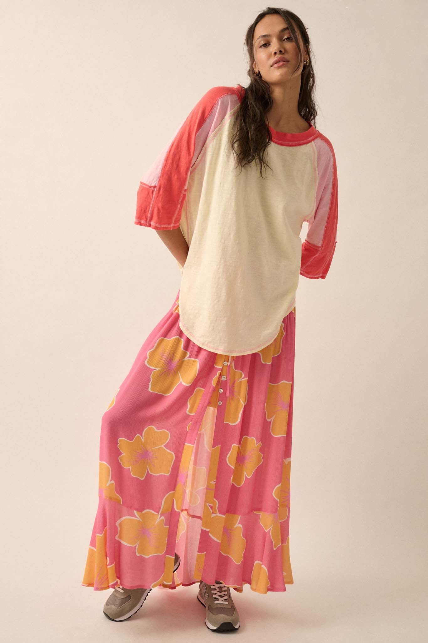 Hibiscus Grove Floral Crepe Buttoned Maxi Skirt - ShopPromesa