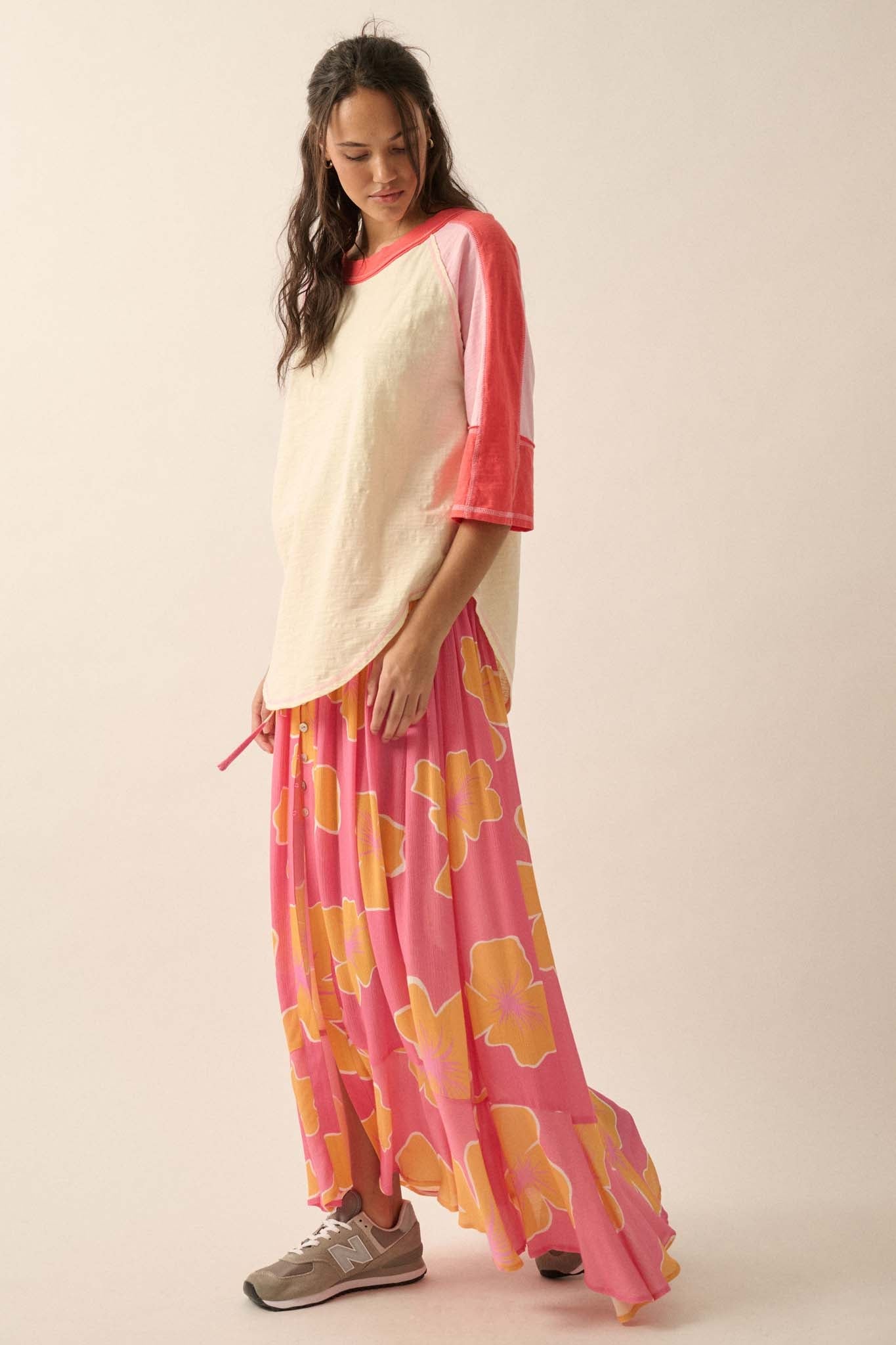 Hibiscus Grove Floral Crepe Buttoned Maxi Skirt - ShopPromesa